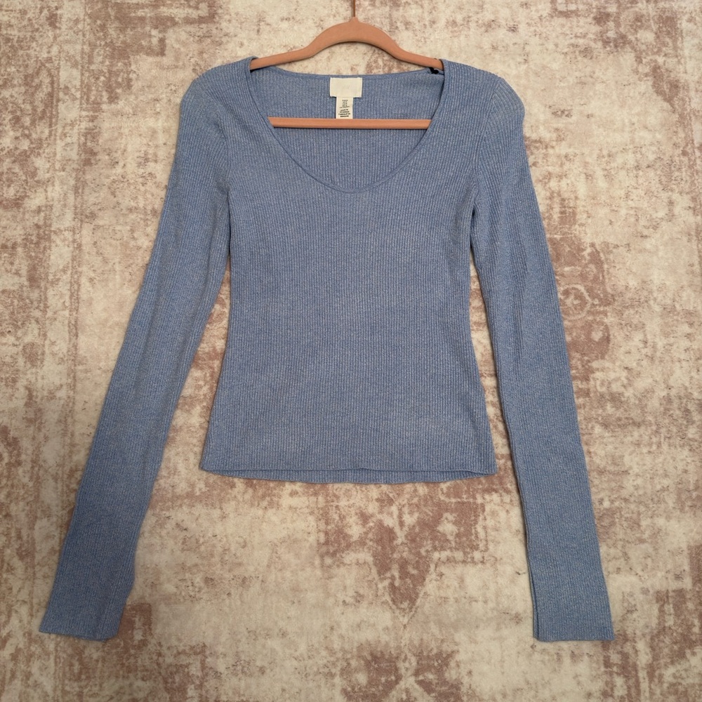 H&M Blue Fitted Long Sleeve Blouse
